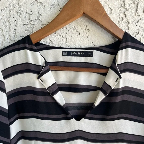 ZARA Basics Quarter Sleeve V-Neck Striped Blouse Women’s Small - Picture 5 of 6
